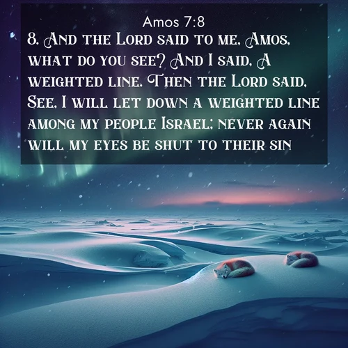 BasicEnglish Amos  ; image nature: image with the bible verse :And the Lord said to me, Amos, what do you see? And I said, A weighted line. Then the Lord said, See, I will let down a weighted line among my people Israel; never again will my eyes be shut to their sin: ; Admire Bible verse images illustrated by summer photos, such as sunny beaches, sparkling waves, and swaying palm trees. These bright scenes highlight the joy and warmth of God&#039;s creation. Download and share verses like KJV Amos 7:8. Current verse is overlayed with the thematic nature scene : Northern lights dance across the frozen tundra in ribbons of green and purple. Snow falls silently on sleeping arctic foxes. ; 7:8