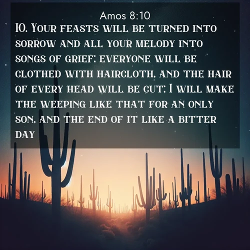 BBE Amos 8:10 overlaying nature image scene: Desert stars shine brilliantly above towering saguaro silhouettes.;10. Your feasts will be turned into sorrow and all your melody into songs of grief; everyone will be clothed with haircloth, and the hair of every head will be cut; I will make the weeping like that for an only son, and the end of it like a bitter day.