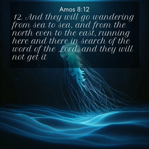 BBE Amos 8:12 overlaying nature image scene: A lone jellyfish pulses through midnight waters. Its bioluminescent tendrils paint trails of azure light in the depths.;12. And they will go wandering from sea to sea, and from the north even to the east, running here and there in search of the word of the Lord, and they will not get it.