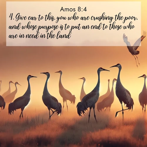 BBE Amos 8:4 overlaying nature image scene: Sandhill cranes dance in morning mist. Their calls echo across the marsh.;4. Give ear to this, you who are crushing the poor, and whose purpose is to put an end to those who are in need in the land,