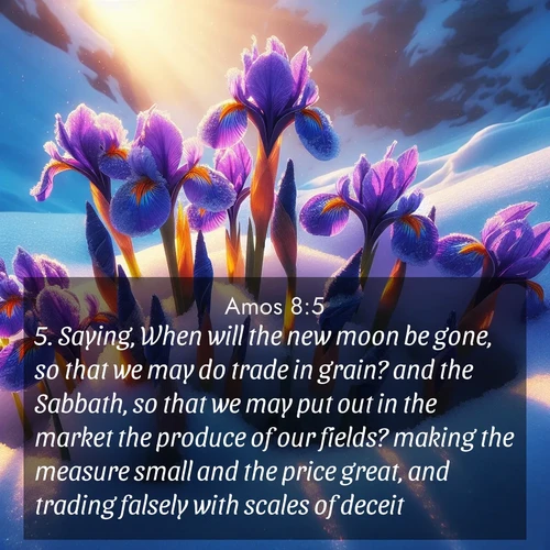 BBE Amos 8:5 overlaying nature image scene: Wild iris blooms pierce through melting snow. Alpine sunlight ignites their petals.;5. Saying, When will the new moon be gone, so that we may do trade in grain? and the Sabbath, so that we may put out in the market the produce of our fields? making the measure small and the price great, and trading falsely with scales of deceit;