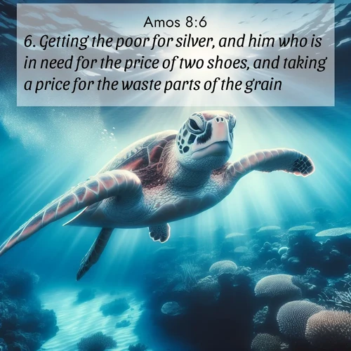 BBE Amos 8:6 overlaying nature image scene: A sea turtle glides through underwater sunbeams. Coral gardens glow in the depths below.;6. Getting the poor for silver, and him who is in need for the price of two shoes, and taking a price for the waste parts of the grain.