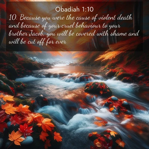 BBE Obadiah 1:10 overlaying nature image scene: Autumn leaves swirl in eddies along a mountain stream.;10. Because you were the cause of violent death and because of your cruel behaviour to your brother Jacob, you will be covered with shame and will be cut off for ever.