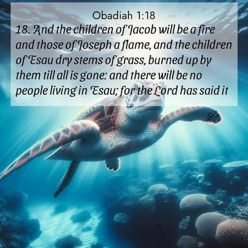 BBE Obadiah 1:18 overlaying nature image scene: A sea turtle glides through underwater sunbeams. Coral gardens glow in the depths below.;18. And the children of Jacob will be a fire and those of Joseph a flame, and the children of Esau dry stems of grass, burned up by them till all is gone: and there will be no people living in Esau; for the Lord has said it.