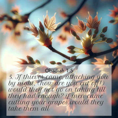 BBE Obadiah 1:5 overlaying nature image scene: Spring buds burst open on maple branches against a blue sky.;5. If thieves came, attacking you by night, (how are you cut off!) would they not go on taking till they had enough? if men came cutting your grapes would they take them all?