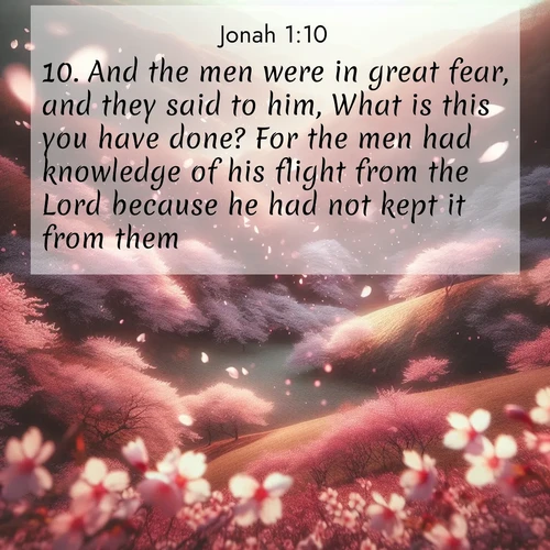 BBE Jonah 1:10 overlaying nature image scene: Cherry blossoms blanket the hillside in soft pink snow, swirling through the air like nature's confetti.;10. And the men were in great fear, and they said to him, What is this you have done? For the men had knowledge of his flight from the Lord because he had not kept it from them.