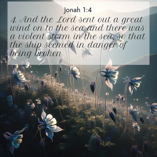 BBE Jonah 1:4 overlaying nature image scene: Wild columbines dance on impossibly thin stems. Mountain breezes carry their perfume.;4. And the Lord sent out a great wind on to the sea and there was a violent storm in the sea, so that the ship seemed in danger of being broken.