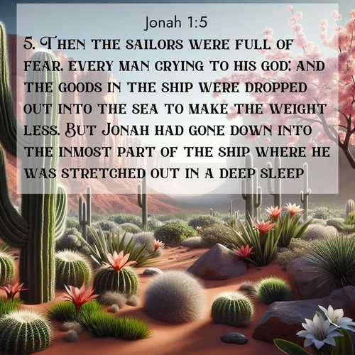 BBE Jonah 1:5 overlaying nature image scene: Desert cacti burst with spring blooms against red sandstone formations.;5. Then the sailors were full of fear, every man crying to his god; and the goods in the ship were dropped out into the sea to make the weight less. But Jonah had gone down into the inmost part of the ship where he was stretched out in a deep sleep.