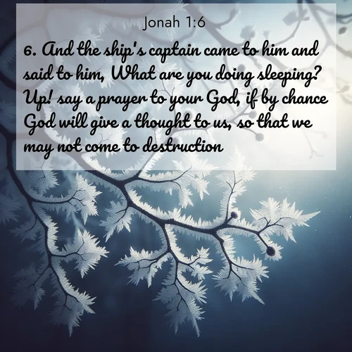 BBE Jonah 1:6 overlaying nature image scene: Winter frost coats bare branches in delicate crystal.;6. And the ship's captain came to him and said to him, What are you doing sleeping? Up! say a prayer to your God, if by chance God will give a thought to us, so that we may not come to destruction.