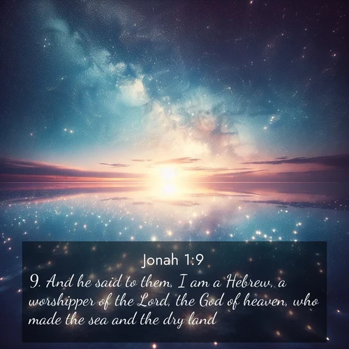 BBE Jonah 1:9 overlaying nature image scene: Stars reflect perfectly in the salt flats after rainfall. The horizon disappears in the mirror-like expanse.;9. And he said to them, I am a Hebrew, a worshipper of the Lord, the God of heaven, who made the sea and the dry land.