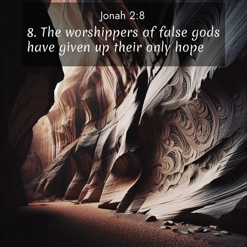 BasicEnglish Jonah  ; image nature: image with the bible verse :The worshippers of false gods have given up their only hope. ; Browse a large collection of Bible verse images with photos showcasing the splendor of nature. Scenes of peaceful rivers, verdant valleys, and radiant skies enhance the inspiring verses. Each image reflects the serenity and joy of God&#039;s creation, with elegant text fonts. Download and share verses such as KJV Jonah 2:8. Current verse is overlayed with the thematic nature scene : Desert varnish stains canyon walls. Ancient stories weather in stone. ; 2:8