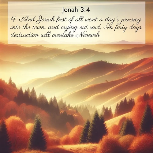 BBE Jonah 3:4 overlaying nature image scene: Autumn colors paint hillsides in warm earth tones.;4. And Jonah first of all went a day's journey into the town, and crying out said, In forty days destruction will overtake Nineveh.