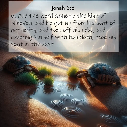 BBE Jonah 3:6 overlaying nature image scene: Desert tortoises emerge after summer rains. Thunder echoes through hidden canyons.;6. And the word came to the king of Nineveh, and he got up from his seat of authority, and took off his robe, and covering himself with haircloth, took his seat in the dust.