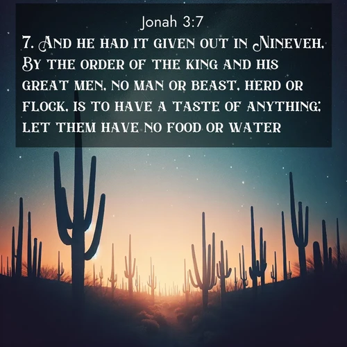 BasicEnglish Jonah  ; image nature: image with the bible verse :And he had it given out in Nineveh, By the order of the king and his great men, no man or beast, herd or flock, is to have a taste of anything; let them have no food or water: ; Browse Bible images illustrated by desert landscapes, with endless skies, golden dunes, and isolated palm trees. These images evoke the calm and grandeur of God&#039;s creation. Download inspiring verses like KJV Jonah 3:7. Current verse is overlayed with the thematic nature scene : Desert stars shine brilliantly above towering saguaro silhouettes. ; 3:7