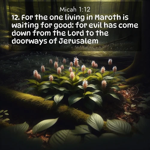 BasicEnglish Micah  ; image nature: image with the bible verse :For the one living in Maroth is waiting for good: for evil has come down from the Lord to the doorways of Jerusalem. ; Discover tranquil Bible verse images enhanced with natural scenery like rippling brooks, snow-covered fields, and sunlit beaches. These free images are perfect for wallpapers or spiritual reflection. Share KJV Micah 1:12. Current verse is overlayed with the thematic nature scene : Wild ginger blooms hidden in forest shadows. Filtered sunlight reveals their secret beauty. ; 1:12