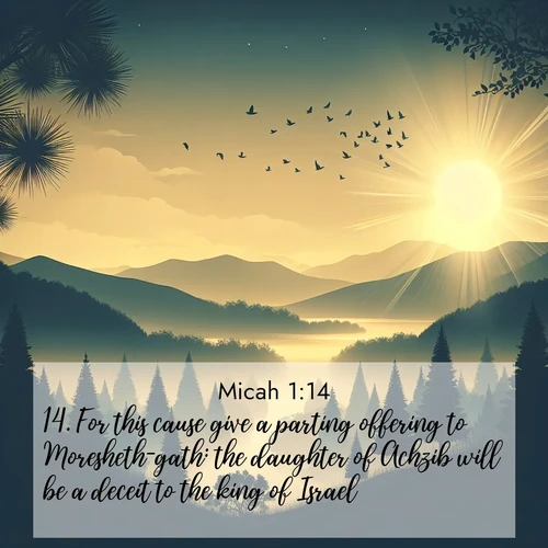 BasicEnglish Micah  ; image nature: image with the bible verse :For this cause give a parting offering to Moresheth-gath: the daughter of Achzib will be a deceit to the king of Israel. ; Dive into a gallery of Bible verses illustrated by tropical beach scenes, featuring sparkling waves, seashells, and radiant sunrises. These images evoke divine peace and joy. Download and share inspiring verses like KJV Micah 1:14. Current verse is overlayed with the thematic nature scene : Morning mist reveals hidden valleys. Birdsong heralds the dawn. ; 1:14