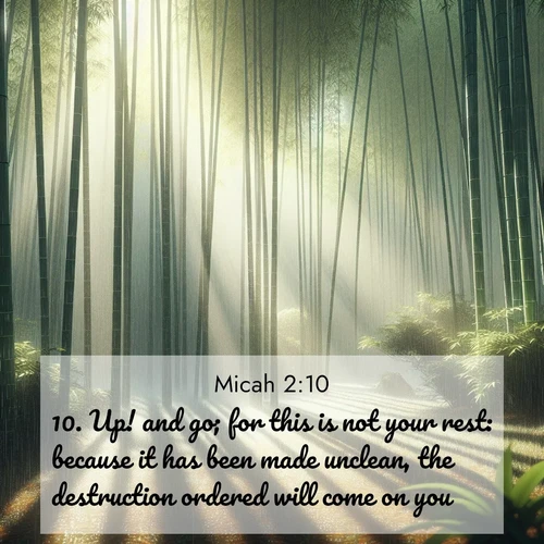 BasicEnglish Micah  ; image nature: image with the bible verse :Up! and go; for this is not your rest: because it has been made unclean, the destruction ordered will come on you. ; Explore winter-themed Bible verse images illustrated by snowy mountains, frost-covered branches, and clear skies. These landscapes reflect divine purity and peace. Download verses like KJV Micah 2:10. Current verse is overlayed with the thematic nature scene : Bamboo forests cast striped shadows while a gentle rain patters on broad leaves. ; 2:10