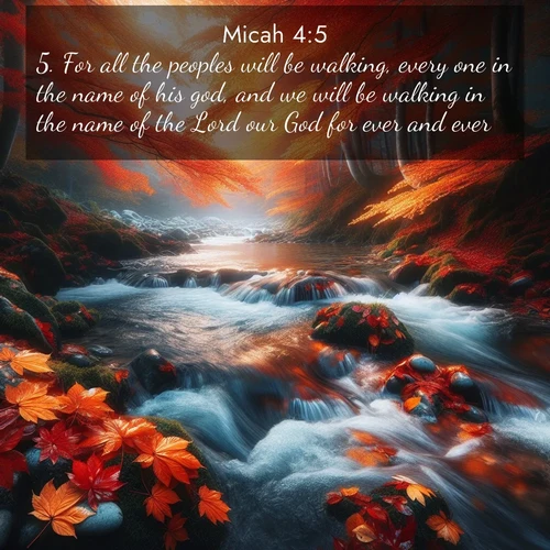 BBE Micah 4:5 overlaying nature image scene: Autumn leaves swirl in eddies along a mountain stream.;5. For all the peoples will be walking, every one in the name of his god, and we will be walking in the name of the Lord our God for ever and ever.
