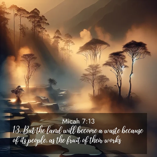BBE Micah 7:13 overlaying nature image scene: Morning mist rises from thermal pools. Steam dragons dance in golden light.;13. But the land will become a waste because of its people, as the fruit of their works.
