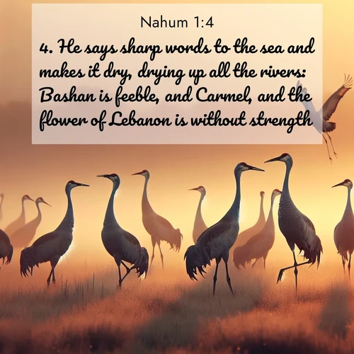 BBE Nahum 1:4 overlaying nature image scene: Sandhill cranes dance in morning mist. Their calls echo across the marsh.;4. He says sharp words to the sea and makes it dry, drying up all the rivers: Bashan is feeble, and Carmel, and the flower of Lebanon is without strength.