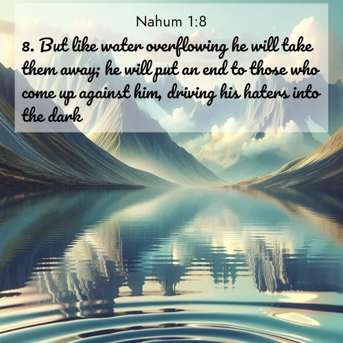 BBE Nahum 1:8 overlaying nature image scene: Mountain lakes mirror perfect peaks. Wind ripples shatter reflections.;8. But like water overflowing he will take them away; he will put an end to those who come up against him, driving his haters into the dark.