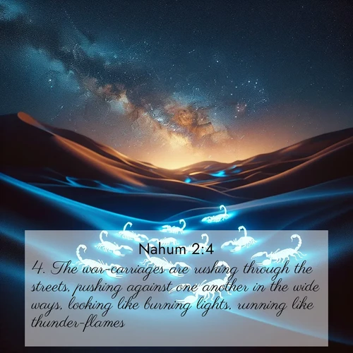 BasicEnglish Nahum  ; image nature: image with the bible verse :The war-carriages are rushing through the streets, pushing against one another in the wide ways, looking like burning lights, running like thunder-flames. ; Discover Bible images capturing the splendor of deserts, with golden dunes, vast skies, and peaceful oases. These landscapes highlight the grandeur and serenity of God&#039;s creation. Share verses like KJV Nahum 2:4. Current verse is overlayed with the thematic nature scene : Desert scorpions glow under black light. Stars wheel in infinite darkness. ; 2:4