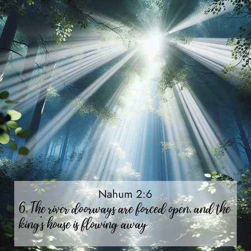 BasicEnglish Nahum  ; image nature: image with the bible verse :The river doorways are forced open, and the king&#039;s house is flowing away. ; Explore a winter collection of Bible verse images adorned with photos of icy landscapes, frozen waterfalls, and snow-covered forests. These scenes capture divine tranquility and purity. Download inspiring verses like KJV Nahum 2:6. Current verse is overlayed with the thematic nature scene : Summer light filters through forest canopy like stained glass. ; 2:6