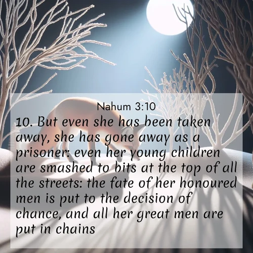 BasicEnglish Nahum  ; image nature: image with the bible verse :But even she has been taken away, she has gone away as a prisoner: even her young children are smashed to bits at the top of all the streets: the fate of her honoured men is put to the decision of chance, and all her great men are put in chains. ; Explore winter-themed Bible verse images illustrated by snowy mountains, frost-covered branches, and clear skies. These landscapes reflect divine purity and peace. Download verses like KJV Nahum 3:10. Current verse is overlayed with the thematic nature scene : A red fox hunts through pristine snow. Moon shadows dance between bare trees. ; 3:10