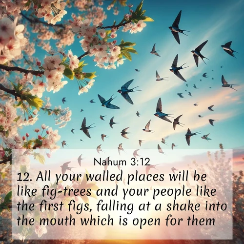 BasicEnglish Nahum  ; image nature: image with the bible verse :All your walled places will be like fig-trees and your people like the first figs, falling at a shake into the mouth which is open for them. ; Admire stunning Bible verse images paired with photos of peaceful landscapes, such as foggy mornings, serene rivers, and blooming gardens. Download these free images and share verses like KJV Nahum 3:12. Current verse is overlayed with the thematic nature scene : Spring migration fills the sky with countless swallows. ; 3:12