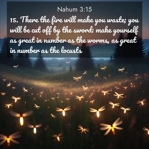 BasicEnglish Nahum  ; image nature: image with the bible verse :There the fire will make you waste; you will be cut off by the sword: make yourself as great in number as the worms, as great in number as the locusts. ; Discover tranquil Bible verse images enhanced with natural scenery like rippling brooks, snow-covered fields, and sunlit beaches. These free images are perfect for wallpapers or spiritual reflection. Share KJV Nahum 3:15. Current verse is overlayed with the thematic nature scene : Lightning bugs rise from summer meadows at dusk. Their lights dance like earthbound stars. ; 3:15