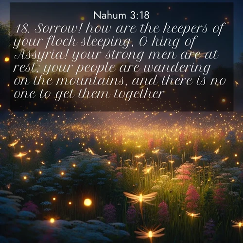 BasicEnglish Nahum  ; image nature: image with the bible verse :Sorrow! how are the keepers of your flock sleeping, O king of Assyria! your strong men are at rest; your people are wandering on the mountains, and there is no one to get them together. ; Admire our gallery of Bible verse images paired with serene nature photography, featuring starlit skies, golden sands, and blooming wildflowers. Download and share verses like KJV Nahum 3:18. Current verse is overlayed with the thematic nature scene : Fireflies dance above a spring meadow filled with singing crickets. ; 3:18