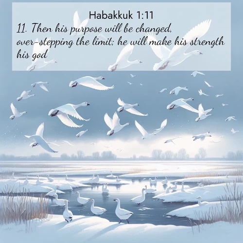 BBE Habakkuk 1:11 overlaying nature image scene: Snow geese take flight from a winter marsh. Their wings flash white against leaden skies.;11. Then his purpose will be changed, over-stepping the limit; he will make his strength his god.