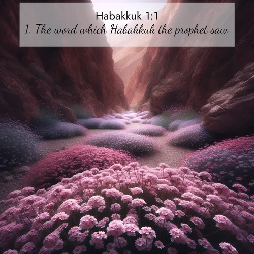 BBE Habakkuk 1:1 overlaying nature image scene: Desert verbena carpets hidden canyons. Flash flood waters carved these gardens.;1. The word which Habakkuk the prophet saw.