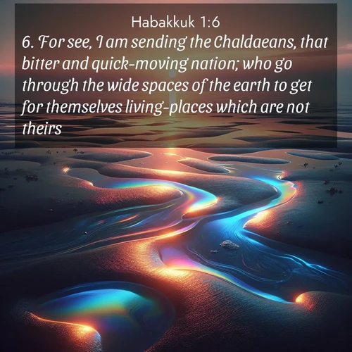 BBE Habakkuk 1:6 overlaying nature image scene: Tidal pools reflect sunset colors at low tide.;6. For see, I am sending the Chaldaeans, that bitter and quick-moving nation; who go through the wide spaces of the earth to get for themselves living-places which are not theirs.