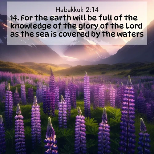 BBE Habakkuk 2:14 overlaying nature image scene: Wild lupines paint mountain meadows purple. Snow lingers on distant peaks.;14. For the earth will be full of the knowledge of the glory of the Lord as the sea is covered by the waters.