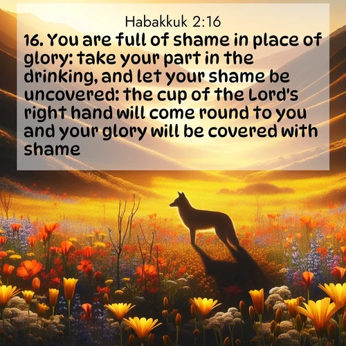 BBE Habakkuk 2:16 overlaying nature image scene: Spring wildflowers carpet Death Valley in gold. A coyote's silhouette melts into the blooms.;16. You are full of shame in place of glory: take your part in the drinking, and let your shame be uncovered: the cup of the Lord's right hand will come round to you and your glory will be covered with shame.