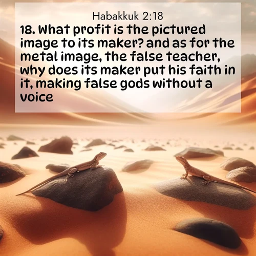 BBE Habakkuk 2:18 overlaying nature image scene: Desert lizards bask on sun-hot rocks. Heat mirages dance like water.;18. What profit is the pictured image to its maker? and as for the metal image, the false teacher, why does its maker put his faith in it, making false gods without a voice?