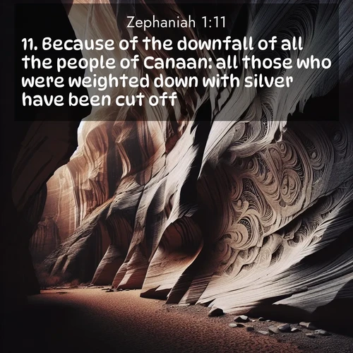 BBE Zephaniah 1:11 overlaying nature image scene: Desert varnish stains canyon walls. Ancient stories weather in stone.;11. Because of the downfall of all the people of Canaan: all those who were weighted down with silver have been cut off.