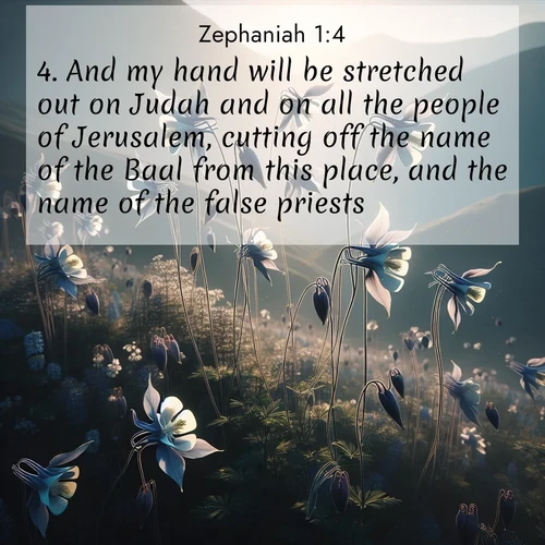 BBE Zephaniah 1:4 overlaying nature image scene: Wild columbines dance on impossibly thin stems. Mountain breezes carry their perfume.;4. And my hand will be stretched out on Judah and on all the people of Jerusalem, cutting off the name of the Baal from this place, and the name of the false priests,