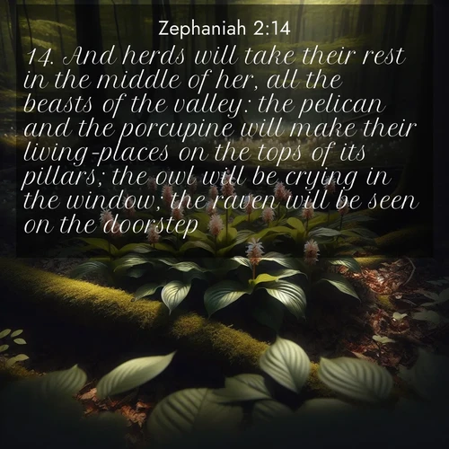 BasicEnglish Zephaniah  ; image nature: image with the bible verse :And herds will take their rest in the middle of her, all the beasts of the valley: the pelican and the porcupine will make their living-places on the tops of its pillars; the owl will be crying in the window; the raven will be seen on the doorstep. ; Admire our gallery of Bible verse images showcasing divine beauty in nature—whether snowy peaks or serene oceans. Each image is freely downloadable and perfect for personal or spiritual use. Share verses like KJV Zephaniah 2:14. Current verse is overlayed with the thematic nature scene : Wild ginger blooms hidden in forest shadows. Filtered sunlight reveals their secret beauty. ; 2:14