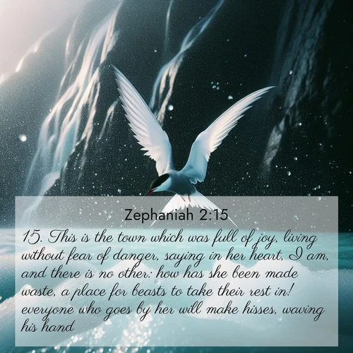 BasicEnglish Zephaniah  ; image nature: image with the bible verse :This is the town which was full of joy, living without fear of danger, saying in her heart, I am, and there is no other: how has she been made waste, a place for beasts to take their rest in! everyone who goes by her will make hisses, waving his hand. ; Explore a collection of free Bible verse images paired with serene landscapes like golden beaches, verdant forests, and clear blue skies. Each image is ideal for desktop or phone wallpapers. Share verses like KJV Zephaniah 2:15. Current verse is overlayed with the thematic nature scene : Arctic terns dive through sea spray above turquoise glacial meltwater. Their white wings flash silver against obsidian cliffs. ; 2:15
