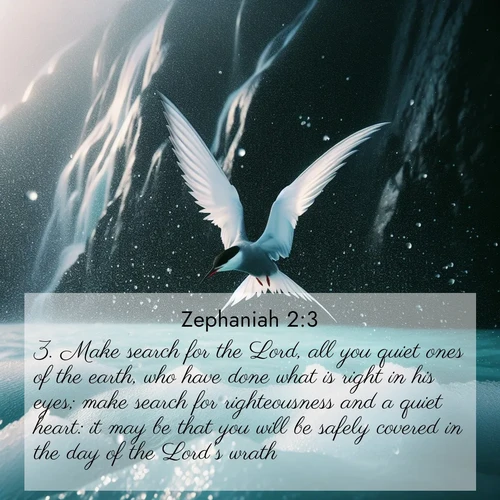 BasicEnglish Zephaniah  ; image nature: image with the bible verse :Make search for the Lord, all you quiet ones of the earth, who have done what is right in his eyes; make search for righteousness and a quiet heart: it may be that you will be safely covered in the day of the Lord&#039;s wrath. ; Browse a large collection of Bible verse images with photos showcasing the splendor of nature. Scenes of peaceful rivers, verdant valleys, and radiant skies enhance the inspiring verses. Each image reflects the serenity and joy of God&#039;s creation, with elegant text fonts. Download and share verses such as KJV Zephaniah 2:3. Current verse is overlayed with the thematic nature scene : Arctic terns dive through sea spray above turquoise glacial meltwater. Their white wings flash silver against obsidian cliffs. ; 2:3