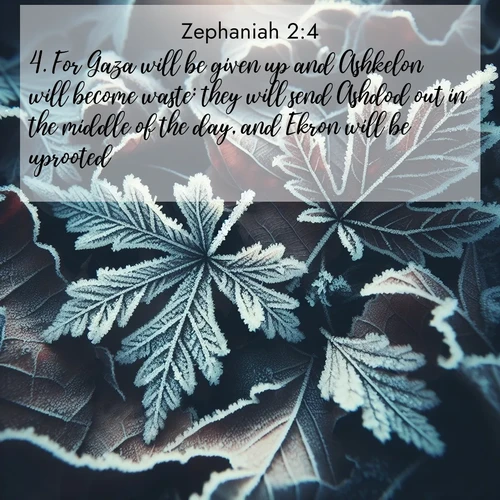 BasicEnglish Zephaniah  ; image nature: image with the bible verse :For Gaza will be given up and Ashkelon will become waste: they will send Ashdod out in the middle of the day, and Ekron will be uprooted. ; Explore a collection of inspiring Bible verse images accompanied by winter photos, such as snowy landscapes, frosted trees, and frozen lakes. These images reflect the peace and purity of God&#039;s creation, with elegant fonts and luminous colors. Download and share verses like KJV Zephaniah 2:4. Current verse is overlayed with the thematic nature scene : Winter frost creates delicate patterns on fallen leaves. ; 2:4