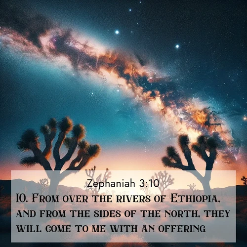 BasicEnglish Zephaniah  ; image nature: image with the bible verse :From over the rivers of Ethiopia, and from the sides of the north, they will come to me with an offering. ; Explore a gallery of beautiful Bible verse images with tranquil natural settings—perfect for phone backgrounds or inspirational posts. Download your favorite verses like KJV Zephaniah 3:10 today. Current verse is overlayed with the thematic nature scene : Joshua trees reach twisted arms to desert stars. The Milky Way arcs overhead like a river of light. ; 3:10