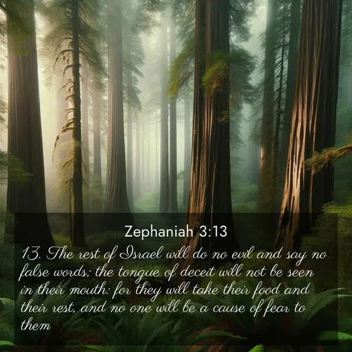 BasicEnglish Zephaniah  ; image nature: image with the bible verse :The rest of Israel will do no evil and say no false words; the tongue of deceit will not be seen in their mouth: for they will take their food and their rest, and no one will be a cause of fear to them. ; Explore a collection of Bible verses paired with springtime scenes, featuring blooming flowers, lush meadows, and trees in full bloom. These images symbolize divine renewal and hope. Download inspiring verses like KJV Zephaniah 3:13. Current verse is overlayed with the thematic nature scene : Coastal redwoods disappear into the fog high above a fern grove. ; 3:13
