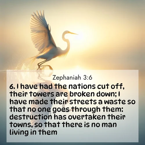 BasicEnglish Zephaniah  ; image nature: image with the bible verse :I have had the nations cut off, their towers are broken down; I have made their streets a waste so that no one goes through them: destruction has overtaken their towns, so that there is no man living in them. ; Explore a spring collection of Bible images, with landscapes of green hills, wildflowers, and crystal-clear streams. These images symbolize the blossoming of God&#039;s creation. Download verses like KJV Zephaniah 3:6. Current verse is overlayed with the thematic nature scene : A great egret lifts from mirror-still water. Sunrise sets its wings ablaze. ; 3:6