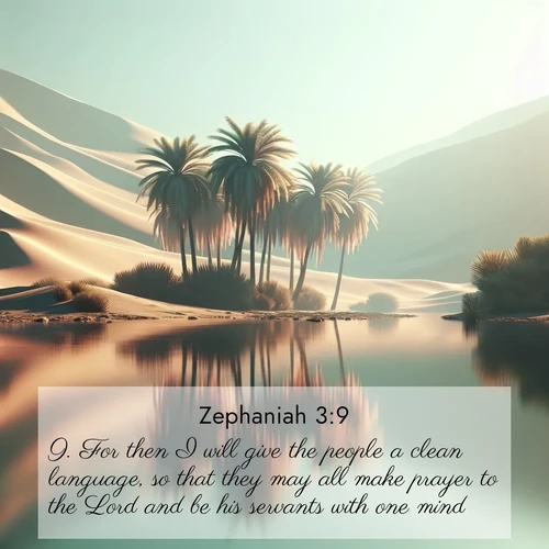 BasicEnglish Zephaniah  ; image nature: image with the bible verse :For then I will give the people a clean language, so that they may all make prayer to the Lord and be his servants with one mind. ; Discover beautiful Bible verse images that combine inspiring scripture with captivating nature photos. Download high-quality images featuring lush valleys, peaceful streams, and endless horizons like KJV Zephaniah 3:9. Current verse is overlayed with the thematic nature scene : A desert oasis shimmers in the midday heat, palm fronds rustling above still waters. ; 3:9