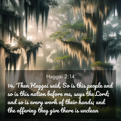 BasicEnglish Haggai  ; image nature: image with the bible verse :Then Haggai said, So is this people and so is this nation before me, says the Lord; and so is every work of their hands; and the offering they give there is unclean. ; Browse our library of beautiful Bible verse images, perfect for wallpapers or sharing. Each verse is paired with serene natural landscapes like misty mountains, calming beaches, and colorful sunsets. Download and enjoy verses such as KJV Haggai 2:14. Current verse is overlayed with the thematic nature scene : Moss-draped cypress trees emerge from morning fog. Spanish moss sways like ancient lace. ; 2:14