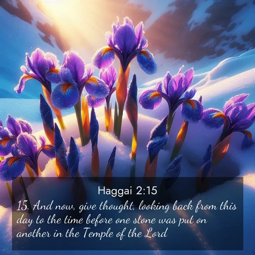 BasicEnglish Haggai  ; image nature: image with the bible verse :And now, give thought, looking back from this day to the time before one stone was put on another in the Temple of the Lord: ; Admire our gallery of Bible verse images paired with serene nature photography, featuring starlit skies, golden sands, and blooming wildflowers. Download and share verses like KJV Haggai 2:15. Current verse is overlayed with the thematic nature scene : Wild iris blooms pierce through melting snow. Alpine sunlight ignites their petals. ; 2:15