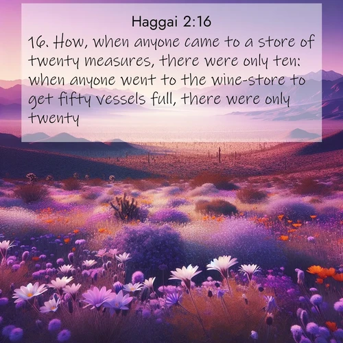 BasicEnglish Haggai  ; image nature: image with the bible verse :How, when anyone came to a store of twenty measures, there were only ten: when anyone went to the wine-store to get fifty vessels full, there were only twenty. ; Explore a collection of inspiring Bible verse images accompanied by winter photos, such as snowy landscapes, frosted trees, and frozen lakes. These images reflect the peace and purity of God&#039;s creation, with elegant fonts and luminous colors. Download and share verses like KJV Haggai 2:16. Current verse is overlayed with the thematic nature scene : Desert wildflowers carpet Death Valley after winter rains. Mountains fade to purple on the horizon. ; 2:16